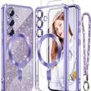 Magnetic for Samsung Galaxy S24 5G Case + 2X Screen Protectors,Luxury Plated Gold Edge [Glitter Card&Wrist Strap] Slim Soft Crystal Clear TPU Shockproof Case Cover for S24 5G-Light Purple