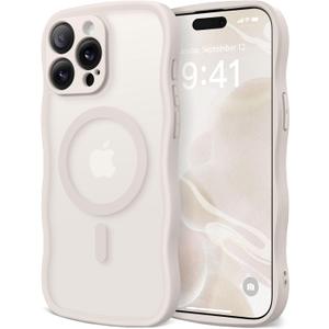CAPRARO Cute for iPhone 14 Pro Case, Compatible with MagSafe, [Curly Wave Edge] [Full Camera Protection] [14 FT Drop Protection] Magnetic Phone Case for 14 Pro 6.1 Inch, Stone