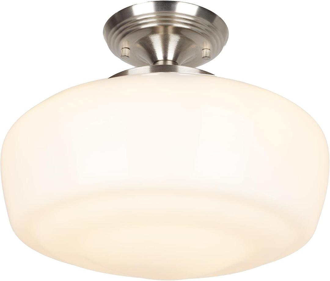 Large Schoolhouse Style Semi Flush Mount Ceiling Light Fixture, 14" Modern Hallway Ceiling Lamp with Opal Milk Glass Shade, Farmhouse Globe Light for Bedroom Kitchen Hallway Entryway, ROS588L SN