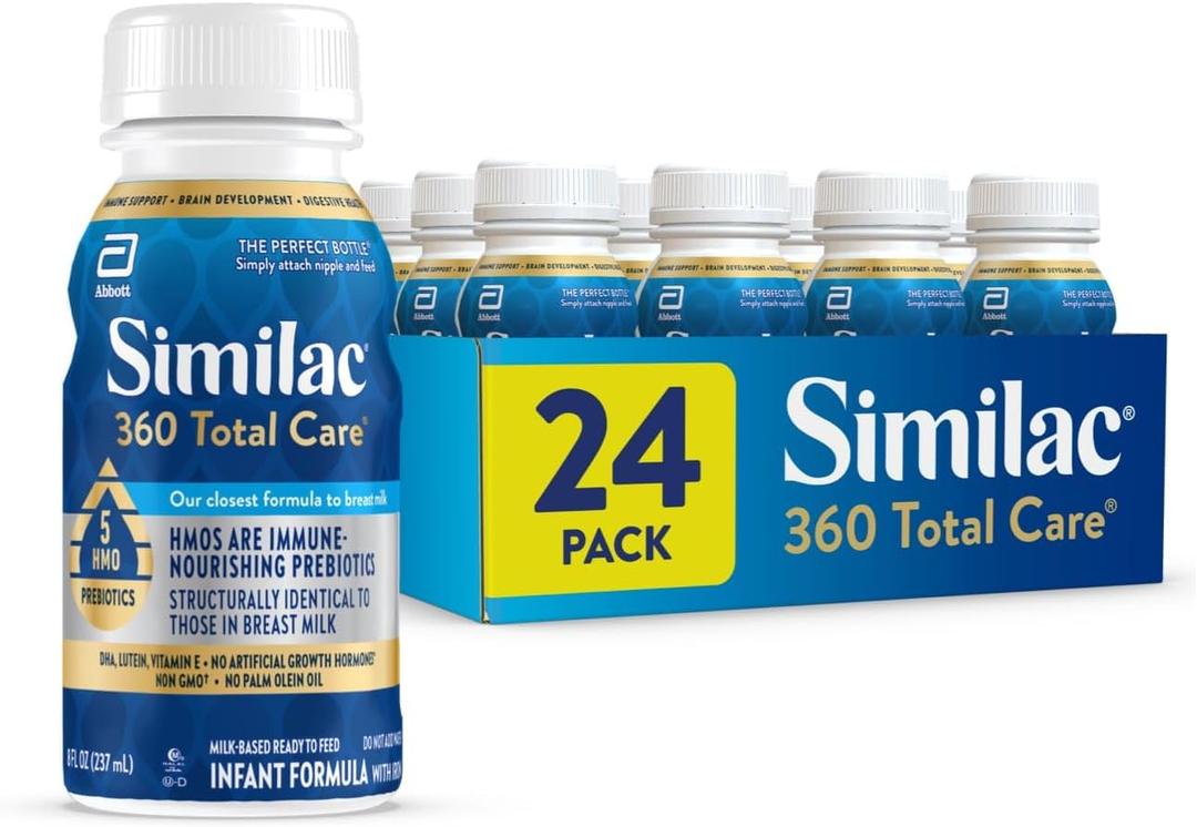 Similac 360 Total Care Infant Formula, Has 5 HMO Prebiotics, Our Closest Prebiotic Blend to Breast Milk, Non-GMO, Baby Formula, Ready to Feed, 8-fl-oz Bottle, Pack of 24 (EXP 04/01/27)