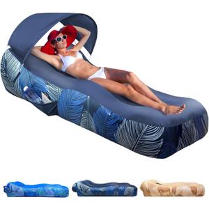 Inflatable Lounger Air Sofa with Sun Shade Cover Waterproof Inflatable Couch Chair for Camping Beach Hiking Backyard, Easy to Set Up Inflatable Couch (Navy Blue)