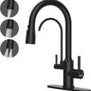 DAYONE Matte Black Kitchen Faucet with Drinking Purfied Water Faucet, 3 Holes High Arc 3 in 1 Sink Tap Stainless Steel, Two-Handle 3-Way Pull Down Sprayer, (Without System)