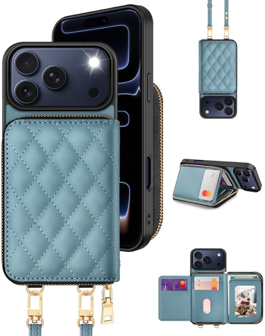 OCASE Compatible with iPhone 17 Pro Max Crossbody Wallet Case with Card Holder, PU Leather Zipper Handbag Phone Purse with RFID Blocking Kickstand Wrist Strap Lanyard 6.9 Inch, Diamond Check Blue