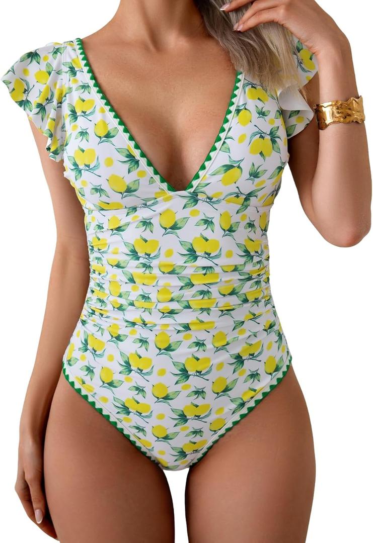 Women's One Piece Ruffle Swimsuit Tummy Control Bathing Suit V Neck Shell Stitched Swim Suit Slimming Swimwear (Large, Yellow Print)