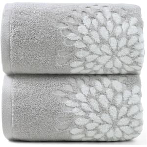 Cute Bath Towels Set of 2 (Light Grey) - Large 55 x 28, Decorative Hydrangea Floral Jacquard, Guest Room & Bathroom Decor, Cotton