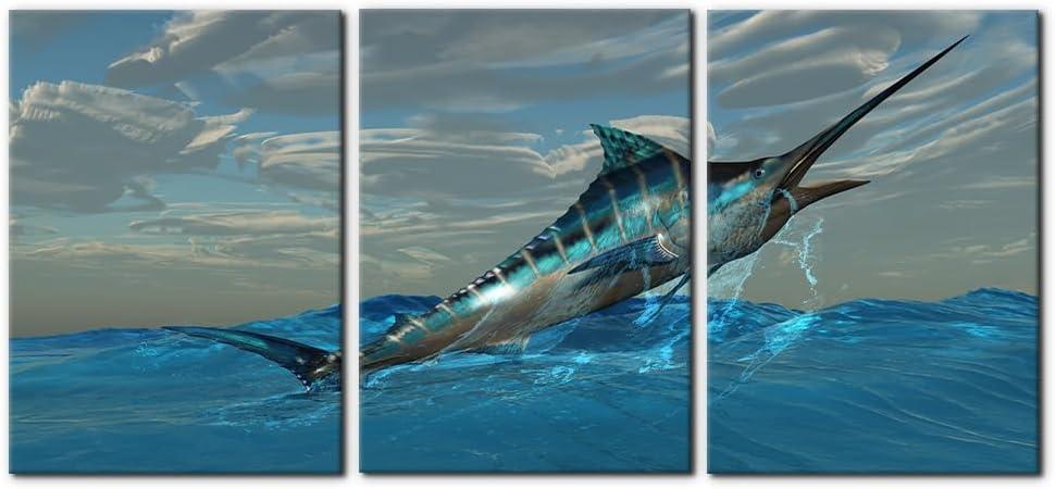 Pacimo Fish Canvas Art Wall Decor Blue Marlin Fish Bursts from Ocean Waters Pictures Prints on Canvas Tropical Animal Paintings 3 Panels Modern Artwork Home Decoration Framed Ready to Hang - 20"x28"x3