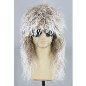 80s Mullet Wig for Men and Women Rock Disco Wigs Long Curly Brown Gradient White