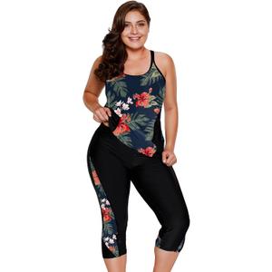 LALAGEN Womens Plus Size Swimsuits 2025 Modest Rash Guard Capris Tankini Bathing Suits Two Piece Bathing Suit Swimwear (Medium, Orange Flowers)