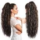 REECHO Ponytail Extension 30" Long Claw Clip Ponytail Extension for Women Curly Pony Tails Hair Extensions Clip in Synthetic Hairpiece for Women, Dark Chocolate Brown with Highlights