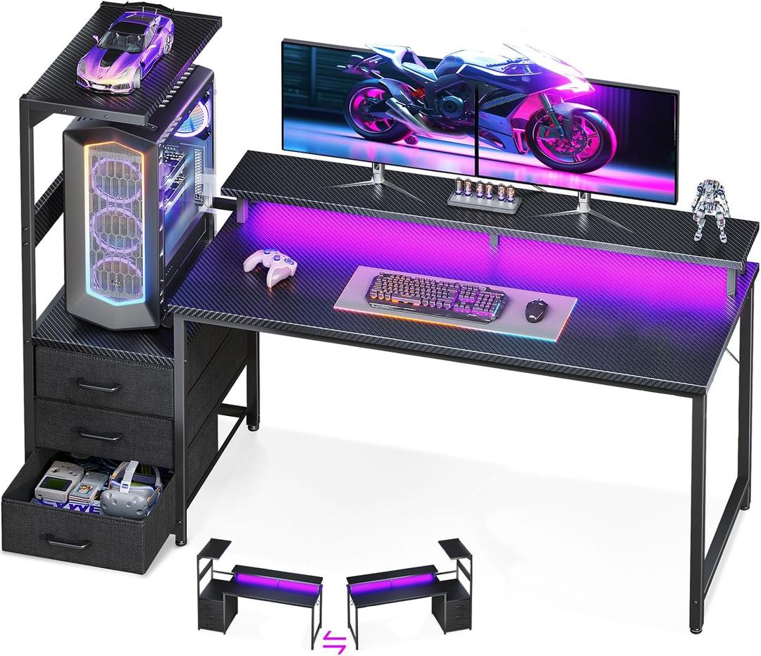AODK 59 Inch Gaming Desk with LED Light- Reversible Computer Desk with Storage Shelves & Monitor Stand, Modern Gamer Desk Table with Fabric Drawers, Black