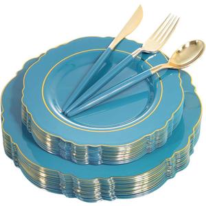 Nervure 100PCS Teal Plastic Plates With Gold Rim & Gold Disposable Silverware with Teal Handle Include 40 Plates, 60 Plastic Sivlerware for Party & Wedding