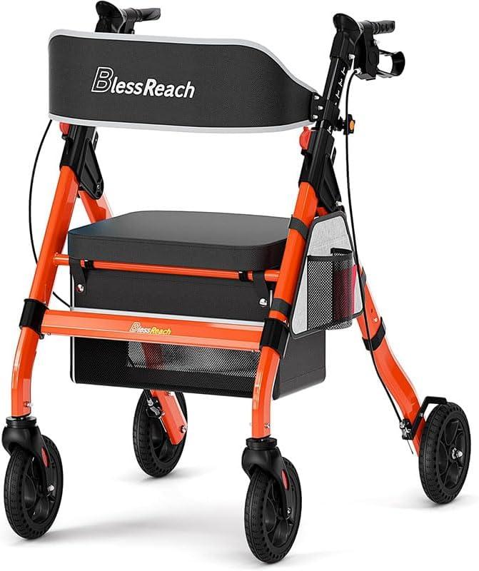 HAUSPROFI Foldable Rollator Walkers with Seat for Seniors, 8" Big Wheels, 450 lb Capacity, 18" Big Seat, 6-Position Adjustable Height, Heavy-Duty Aluminum Rolling Walker(Orange, 18 Zoll)