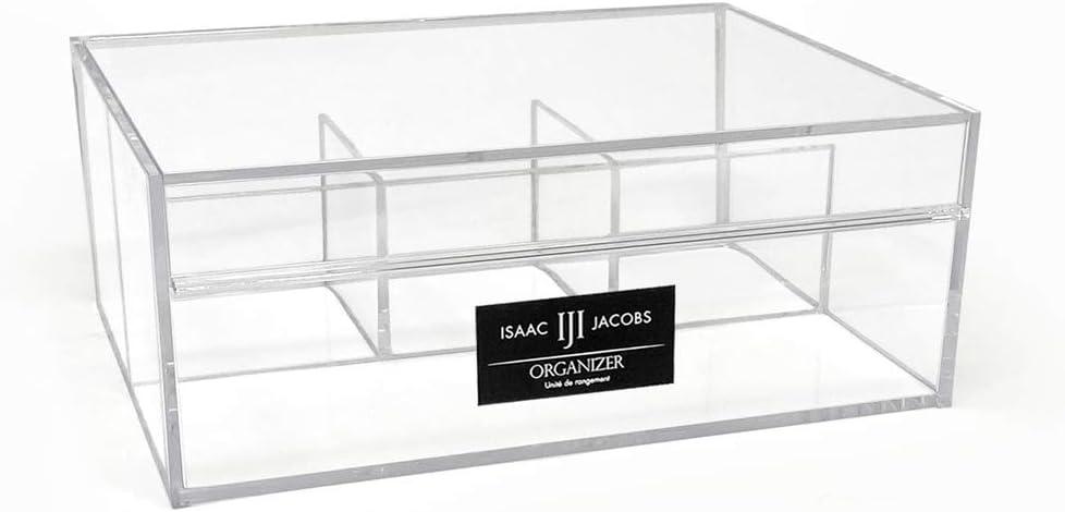 Isaac Jacobs 4-Compartment Clear Acrylic Organizer with Lid (6.7" L x 8.6" W x 3.4" H), Multi-Sectional Tray, Storage Solution for Makeup, School & Office Supplies (3 Small, 1 Large)