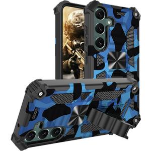 for Samsung Galaxy S24 FE Camouflage Case with Hidden Kickstand, Military Grade Shockproof Phone Cover for Men, Heavy Duty Rugged Protective Case for Samsung S24 FE MC Blue