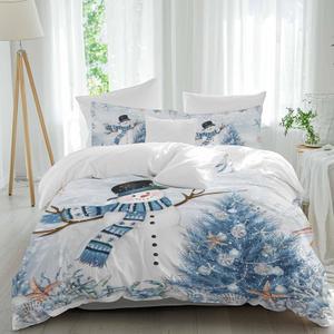 Blue Snowman 3 Pieces Coastal Christmas Bedding Set Queen Size, Starfish Blue Xmas Tree Soft Duvet Covers Set with Zipper Closure, All-Season Breathable Comforter Cover and Pillowcases, Winter Beach