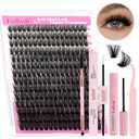 FADLASH DIY Lash Extension Kit Individual Lashes Cluster D Curl Eyelash Extension Kit D Curl Lash Clusters Lash Applicator Tool for Self Application at Home(KIT 80D-D-12-18mm)