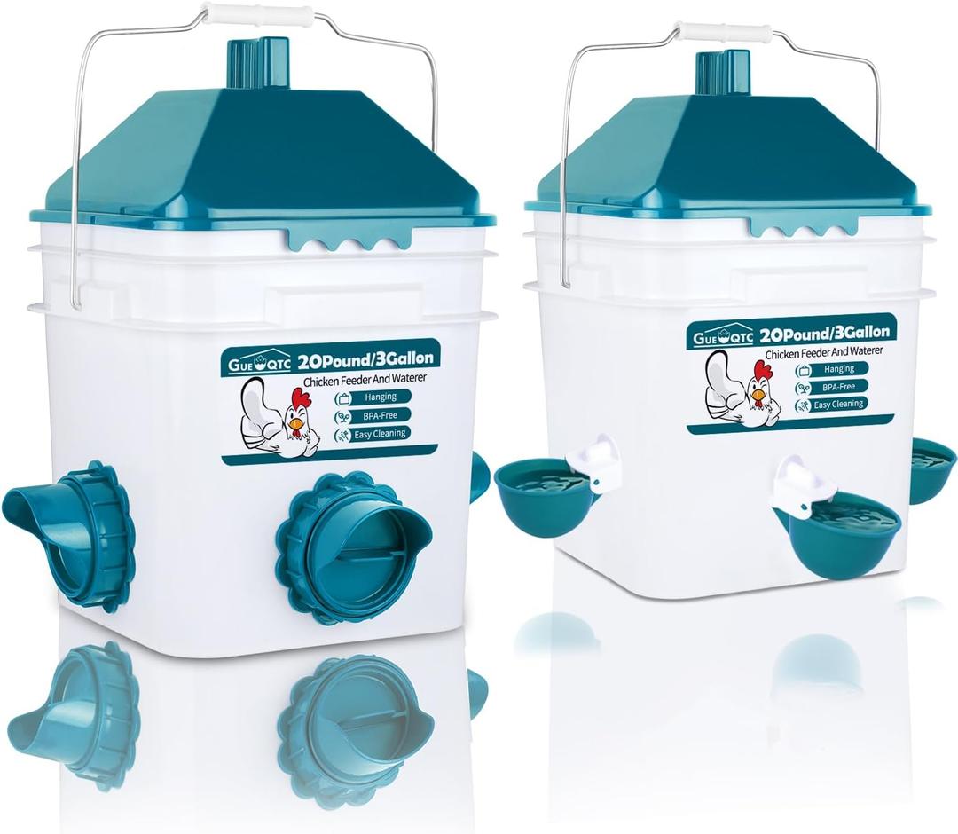Chicken Feeder and Waterer Set,Anti-Roost Chicken Feeder and Automatic Chicken Waterer for Chickens, Ducks, Pigeons and Quail (3 Gallon, Blue)
