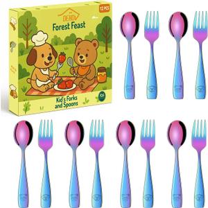DEHOV Rainbow Toddler Eating Utensils Set, Set Of 12 Food Grade Stainless Steel Silverware Sets For Kids, Dishwasher Safe Children Small Metal Spoons And Forks Flatware Sets