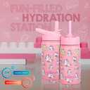 FAHRMOSIS 14 OZ Kids Water Bottle with Straw & 2 Lids (Flip & Spout) Leak Proof Metal Insulated Stainless Steel Reusable Tumbler for School & Sports Water Bottle - Pink (Unicorn)