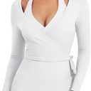 YEOREO Women Pilates Wrap Top Long Sleeve Tie Ballet Workout Yoga Shirt Michelie Y2K V Neck Cropped Tops (Small, White)
