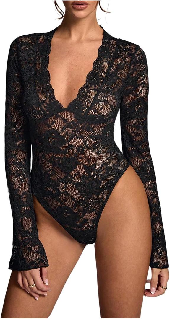 OYOANGLE Women's Mesh Floral Lace Bodysuits Sheer Deep V Neck Long Sleeves Leotards Bodysuit Top Slim Fit Jumpsuit Black Large