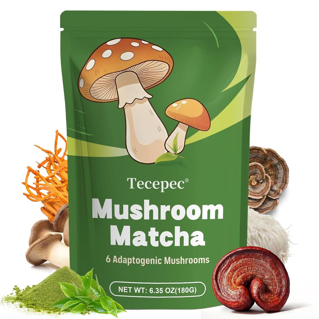 Mushroom Matcha Powder with 6 Adaptogen Mushrooms & Ceremonial-Grade Matcha Powder - Boosts Energy, Focus, Digestion, Immunity (30 Servings) (EXP 08/31/28)