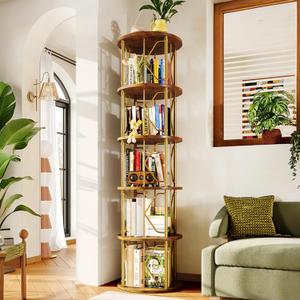 5 Tier Rotating Bookshelf Tower, Revolving Bookcase, 360 Round Spinning Book Shelf, Narrow Swivel Bookshelves Vertical Turning Corner Bookshelf Organizer for Bedroom, Living Room, Gold & Brown