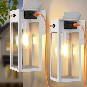 2 Pack Porch Lights with GFCI Outlet, Dusk to Dawn Motion Sensor Outdoor Lights, 2 Lighting Modes Waterproof Anti-Rust Wall Sconce Lantern, Outside Light for House, White