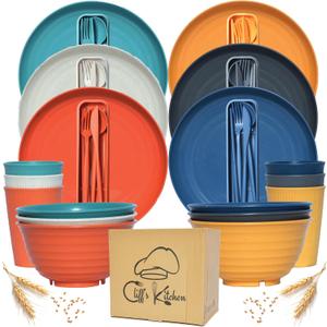 48 Pcs Wheat Straw Dinnerware Sets for 6- Unbreakable Dinnerware Set with Large Plates, Bowls and Cups-BPA Free, Lightweight, Microwave Safe Wheat Straw Plates and Bowls Sets, RV Camping Dishes