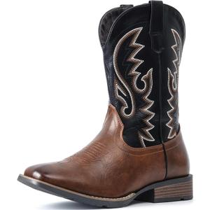 IUV Cowboy Boots For Men with Wide Square Toe Western Retro Boot Durable Classic Fashionable Embroidered Pull On Slip Resistant Boots (10.5, Black Brown)