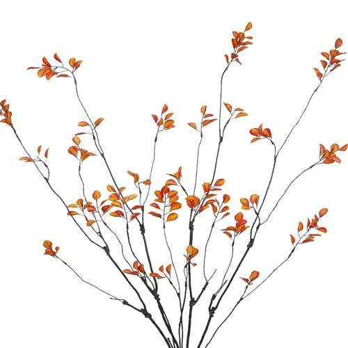 ACRYCS 4 Pcs Artificial Greenery Stems Plants 35.4" Faux Branches for Vase Filler Fake Ficus Twig Plants Orange Leaves for Home Office Party Wedding Shop Autumn Fall Decoration