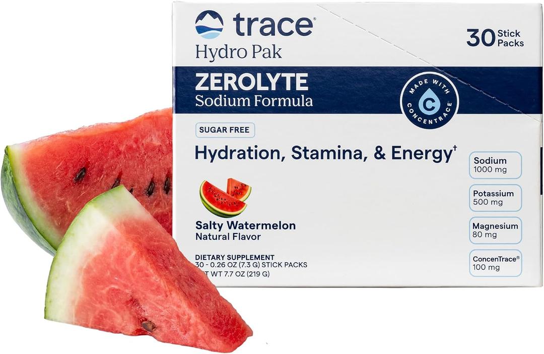 Trace Minerals ZeroLyte Electrolyte Powder Mix Zero Sugar Hydration Mix Ancient Sea Salt + Coconut Water Replenishes Electrolytes Lost Through Exercise Salty Watermelon 30-Packets (EXP 03/01/29)