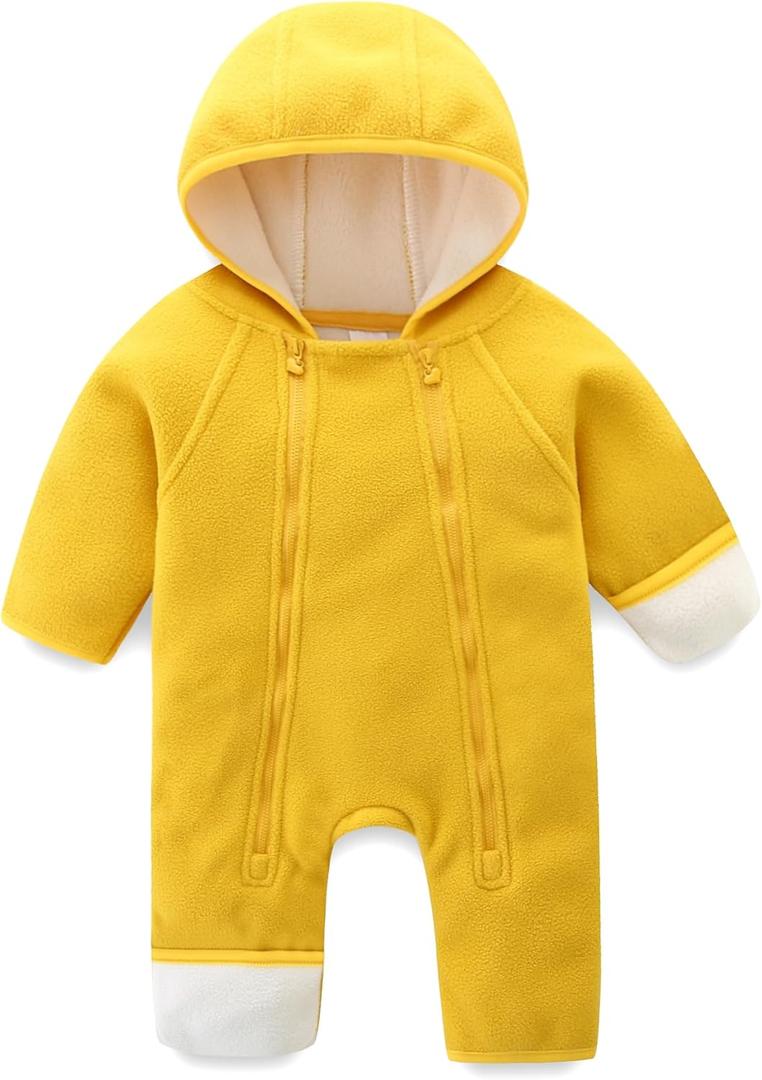 Newborn Baby Fleece Jumpsuit Girls Boys Winter Hooded Coverall Romper Cute Baby Snowsuit Clothes (Yellow), Size 3-6M