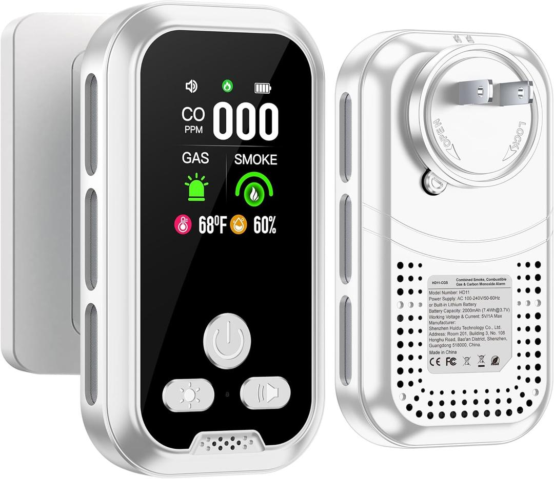 5in1 Plug in Smoke & Carbon Monoxide Detector & Combustible Natural Gas Combination Builti-in Battery HD Screen [Smoke Gas CO Temp Humidity Sensor] for Home Hotel Travel (1 Pack, White)