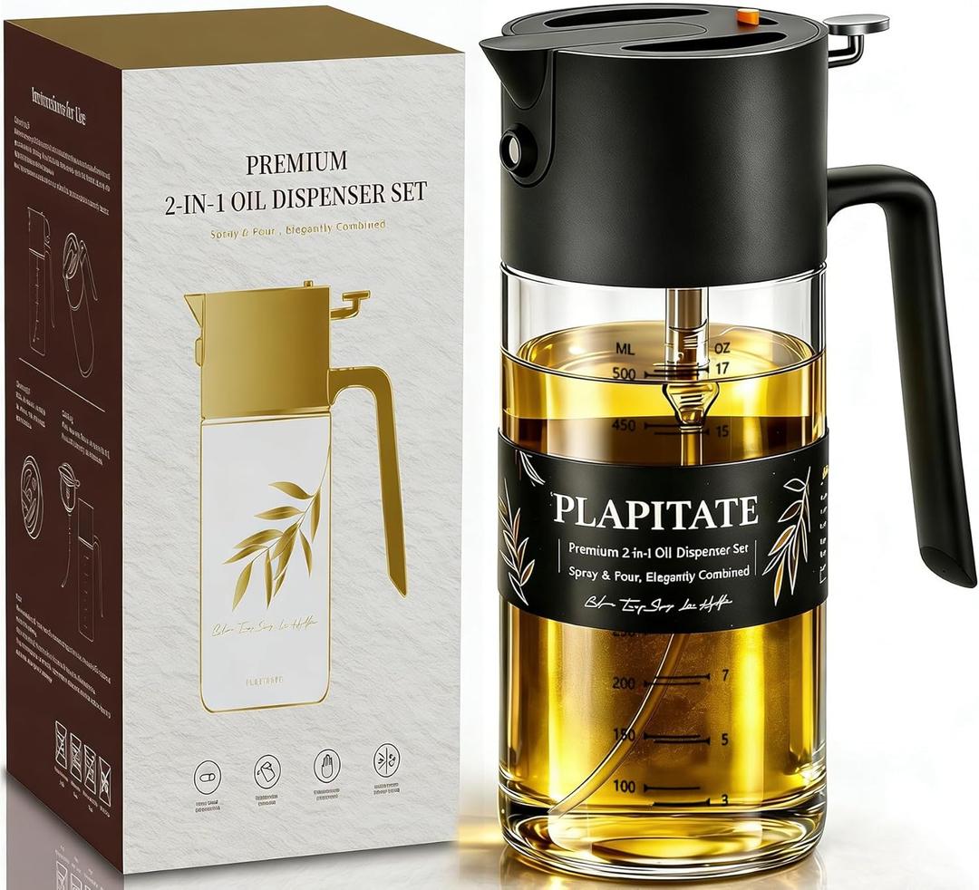 PLAPITATE 2Pcs 17oz Premium Olive Oil Sprayer for Cooking, 2 in 1 Glass Olive Oil Dispenser Bottle for Kitchen Gadgets, Spray Bottle with Portion Control for Salad, Frying, BBQ (2 Black)