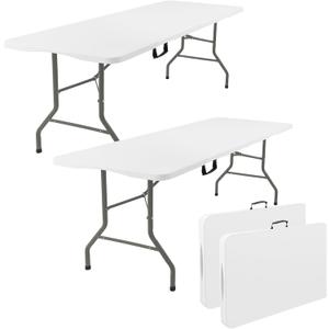 Fivenl 2 Pack 6 Feet Portable Folding Table White, Steel Legs Fold-in-Half with Carrying Handle Rectangular Plastic Foldable Table for Party, Wedding, Camping, Picnic, Dining, Indoor Outdoor Events