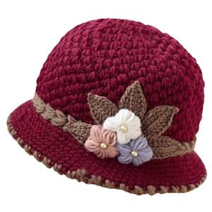 Flower Knit Crochet Fuzzy Bucket Hat Women Winter Warm Beanies Hat Furry Plush Faux Fur Fishing Skull Cap Fishman Hats (Red)