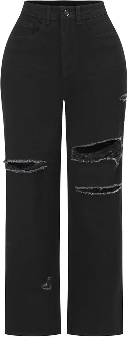THUNDER STAR Womens High Waisted Wide Leg Jeans Stretchy Distressed Denim Pants (Black, M)