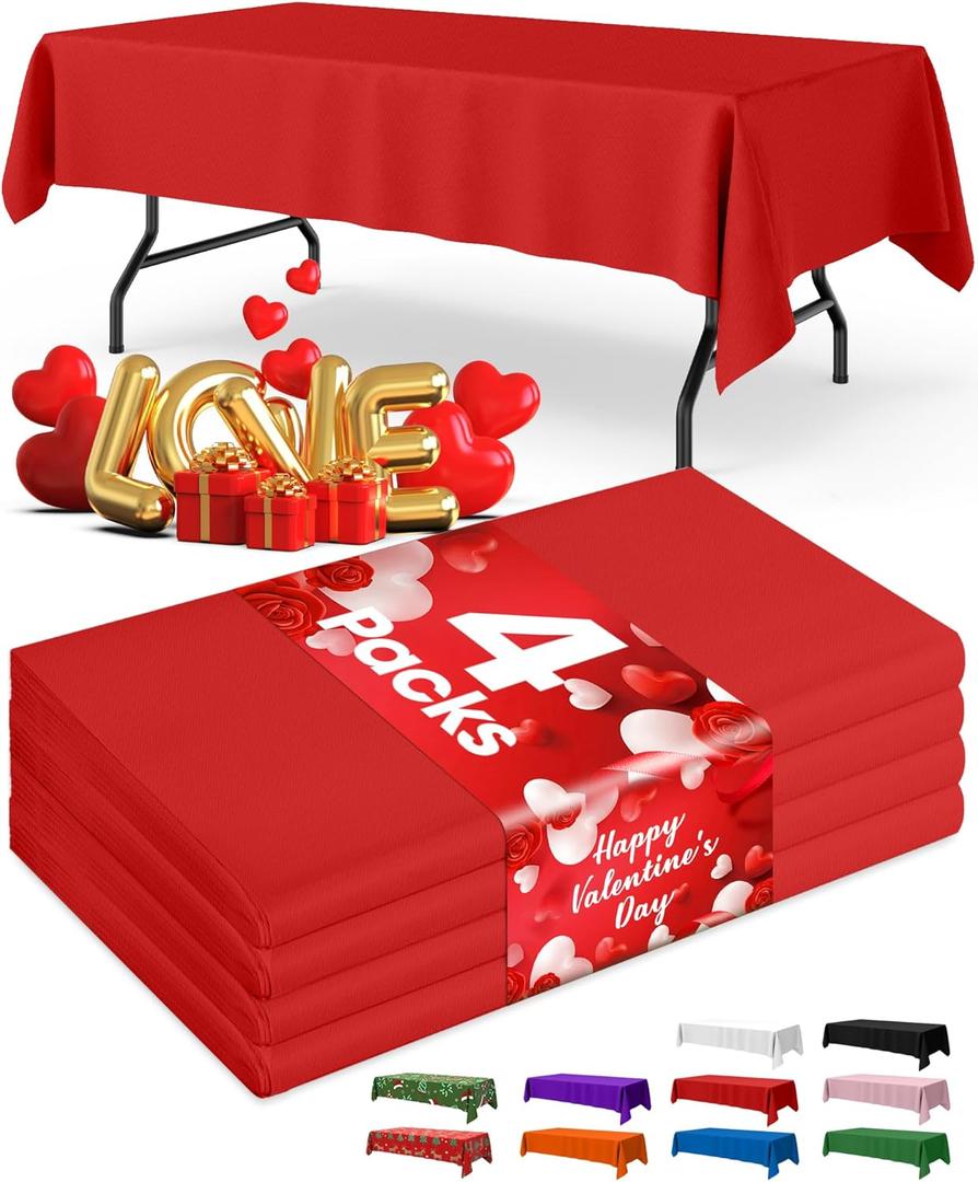 Red Plastic Table Cloth - 4 Pack 54"  108" Rectangle Disposable Tablecloths for 6FT Tables, Table Cover for Party, Valentines, Holiday & Gathering Use