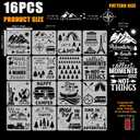 FINGERINSPIRE 16PCS Travel Theme Stencils for Painting 11.8x11.8inch | With Brush, Mountains Trees Compass Template Tent Campfire Airplane Suitcase Stencil Maple Leaf Moon Star Boat Fish Template