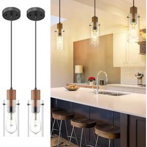 Emak 2 Pack Mini Black Pendant Light Fixtures, Modern Farmhouse Pendant Lights with Clear Glass Shade, 1-Light Hanging Light for Bedroom, Kitchen Island, Bathroom, Wood Grain Painted, PL120-BKL-2PK