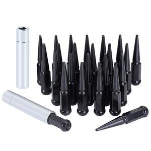 M14x1.5 Spike Lug Nuts - Black Set of 24 with 2 Socket Keys (19mm Hex, 4.4" Tall)
