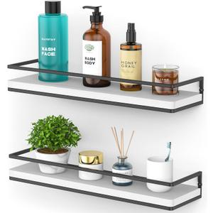 Meangood Floating Shelves Wall Mounted Set of 2, Rustic Wood Wall Storage Shelves for Bedroom, Living Room, Bathroom, Kitchen (White)