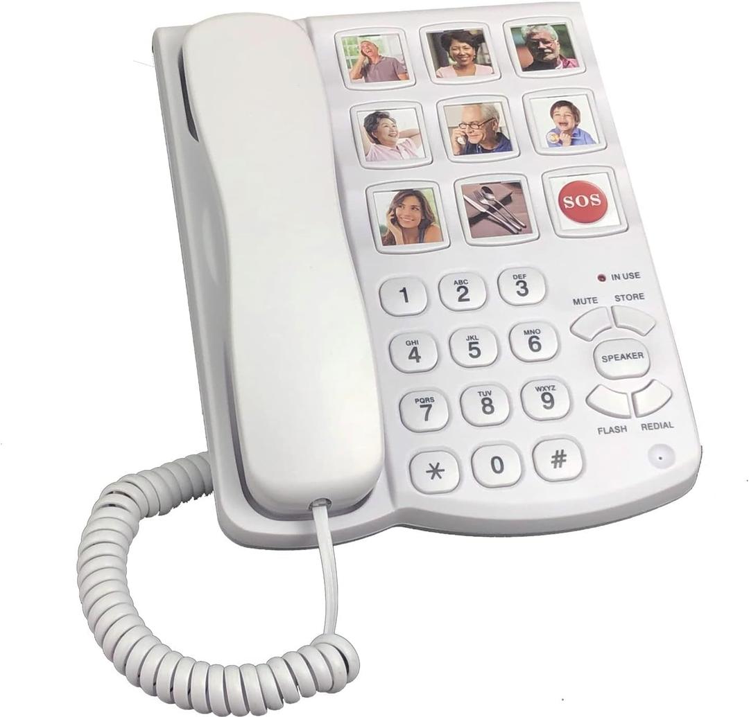 Big Button Telephone, Photo Memory Corded Phone for Seniors, Dial Landline Phone for Elderly, Volume Adjustable Telephone with 9 Large Picture Memory Buttons