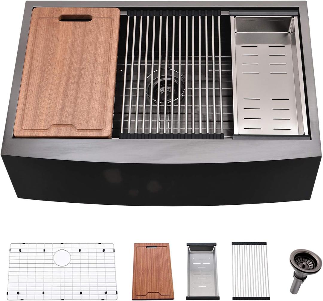 33 Inch Farmhouse Kitchen Sink Workstation Black - VOKIM 33x22 Apron Front Kitchen Sink Stainless Steel 16 Gauge Single Bowl Gunmetal Farm Sink, 33"L x 22"W x 10"D
