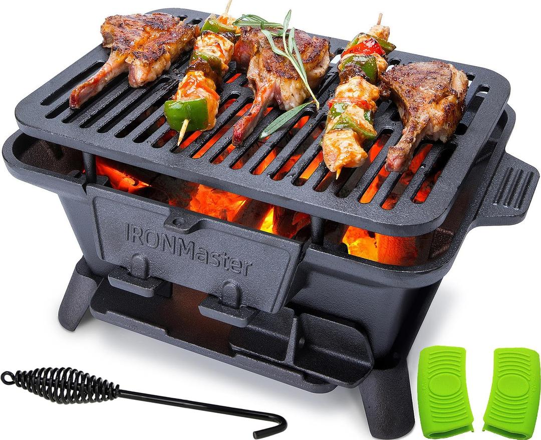 IronMaster Hibachi Grill Outdoor, Small Portable Charcoal Grill, Pre-Seasoned Cast Iron, Japanese Yakitori Camping Grill - 2 Heights, Air Control, Coal Door, Ideal for 2 People
