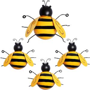 MorTime 4 Pack Metal Bee Wall Art Sculptures Garden Decorations, Hanging Bee Wall Decor Indoor Outdoor Garden Yard Lawn Decor