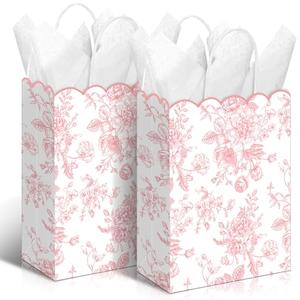 Kolldenn 24 Pcs Pink Floral Gift Bags with Handles Wildflower Party Favor Candy Treat Goodie Bags Scalloped for Birthday Decoration for Bridal Baby Shower Party Supplies