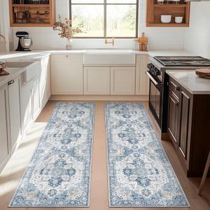 jinchan Kelda Runner Rug 3x10-2pcs Vintage Hallway Rug Kitchen Washable Runner Retro Floor Cover Lightweight Non-Slip Thin Distressed Carpet for Entryway Bathroom Laundry Room Bedroom Stairway Blue