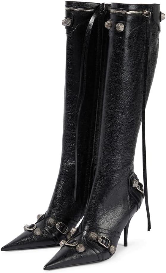Oiamenne Knee High Boots for Women Fashion Slide Zipper Pointed Toe Stiletto Studded High Heel Rivets Tassel Boots Party Dress Shoes (10, Black)
